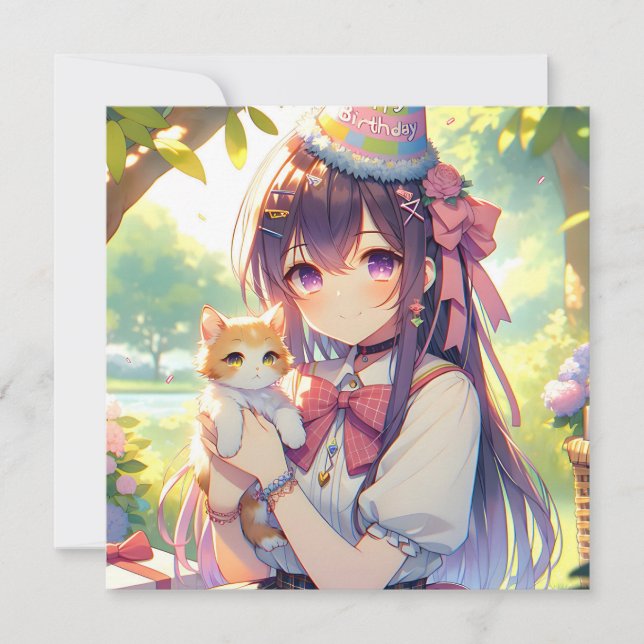 Söt Anime Holding Kitten Girl's Birthday Inbjudningar (Framsida)