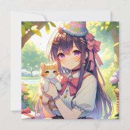 Söt Anime Holding Kitten Girl's Birthday Inbjudningar