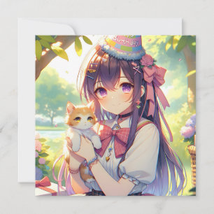 Söt Anime Holding Kitten Girl's Birthday Inbjudningar