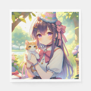 Söt Anime Holding Kitten Girl's Birthday Pappersservett