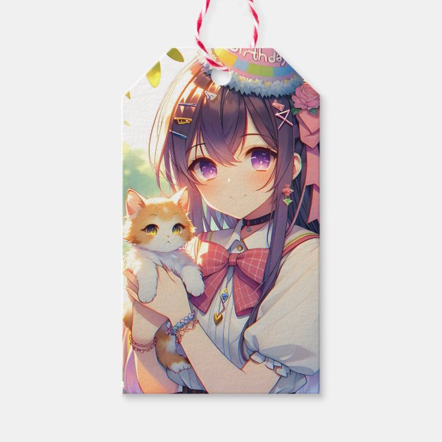 Söt Anime Holding Kitten Girl's Birthday Presentetikett (Framsidan)