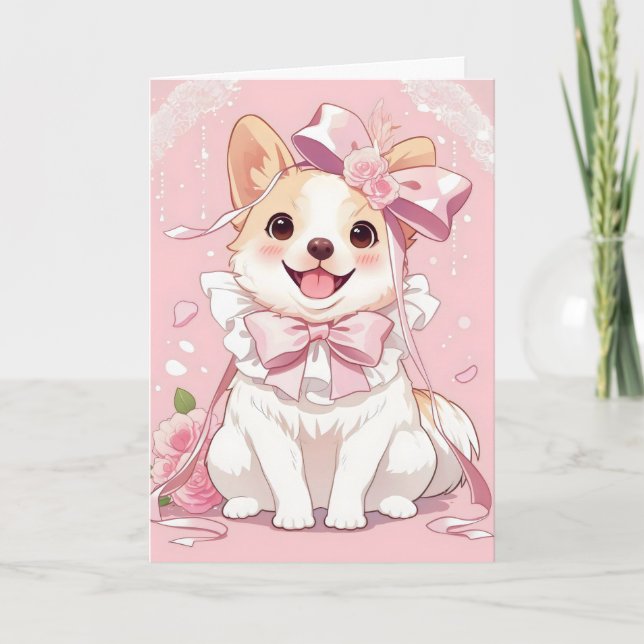 Söt Anime Hund Rosa Helgkort (Framsida)