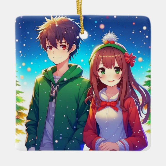 Söt Anime-Julpar Julgransprydnad Keramik (Framsida)