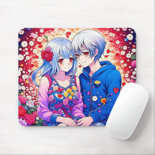 Söt Anime-kärleksparet, blommor och hjärtan Musmatta