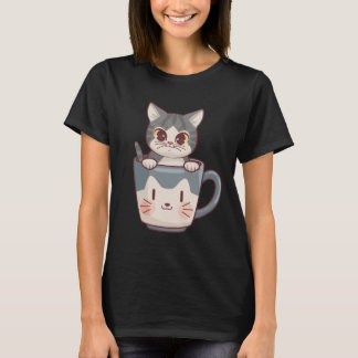 Söt Anime Katt i Kopp Vektor Konst T Shirt