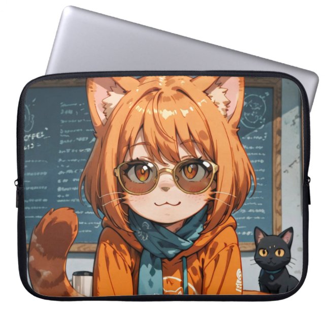 Söt Anime Kattflicka Bärbar Dataskärm | Mysig Café Laptop Fodral (Framsidan)