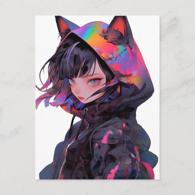 Söt Anime Kattflicka Vykort (Framsida)