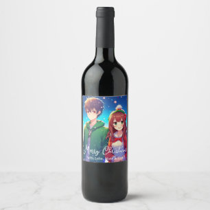 Söt Anime Par God Jul Vinflaska Etikett