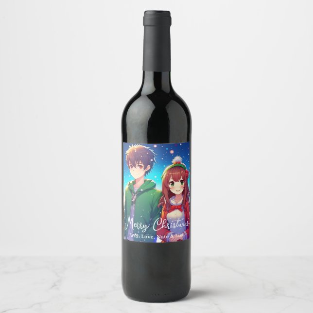 Söt Anime Par | God Jul  Vinflaska Etikett (Framsida)