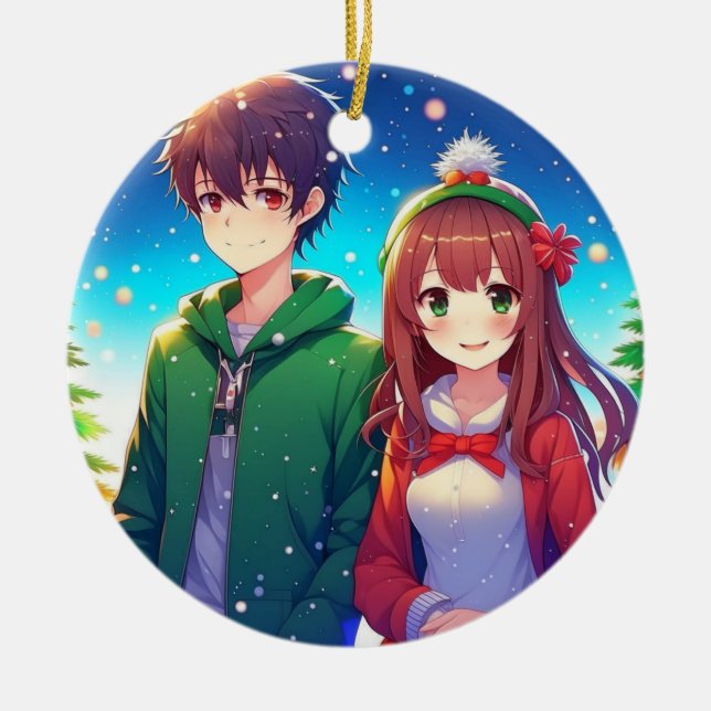 Söt Anime-Par Jul Julgransprydnad Keramik (Framsidan)