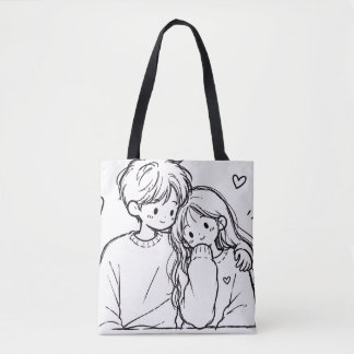 Söt Anime-Par Line-Konst Toteväska Tygkasse
