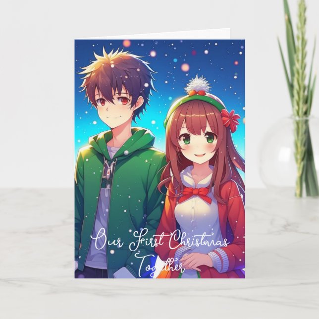 Söt Anime Par | Vår Första Jul Kort (Framsida)
