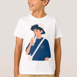 Söt Anime Pojke som Dricker Bubble Tea T-Shirt
