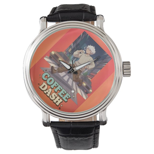 Söt Anime Pojke Springar i Staden med Kaffe Armbandsur (Framsida)