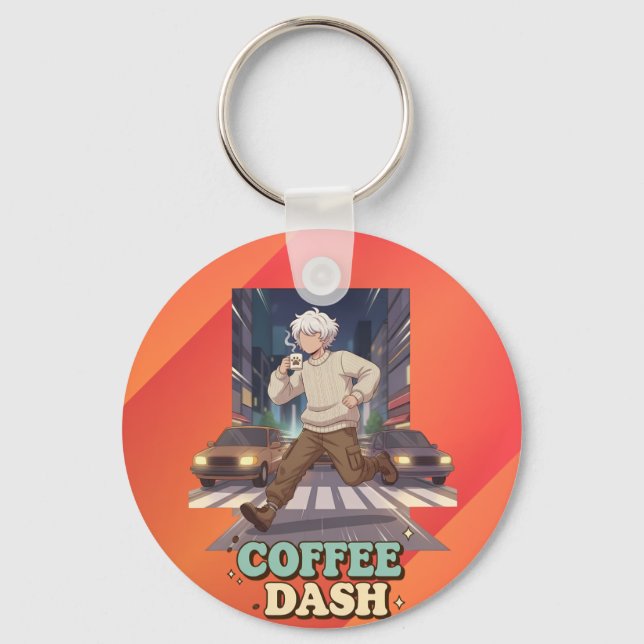 Söt Anime Pojke Springar i Staden med Kaffe Nyckelring (Framsida)
