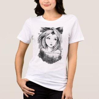 Söt Anime Rävglickflicka Fantasy Linjekonst Skiss T Shirt
