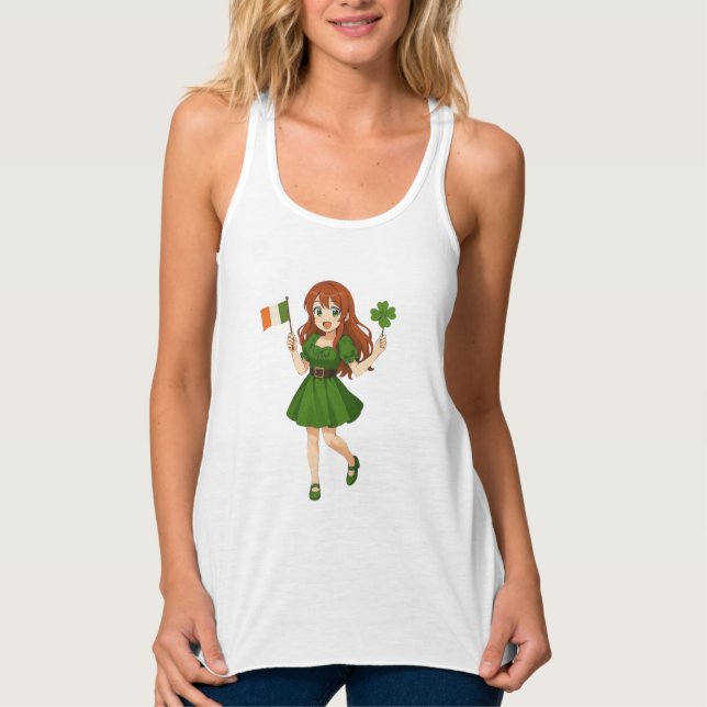 Söt anime rödhårig Saint Patrick's Day Linne Med Racerback (Framsida)