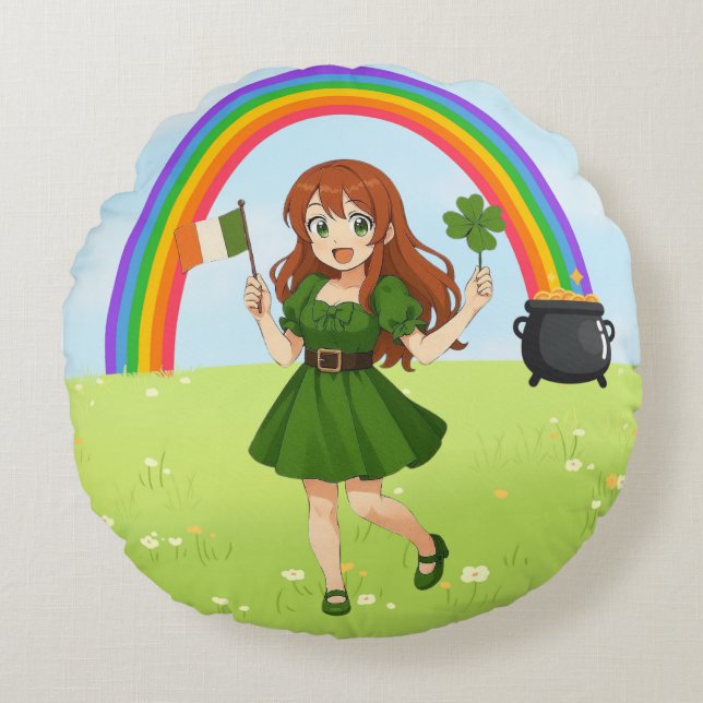 Söt anime rödhårig Saint Patrick's Day Rund Kudde (Framsidan)