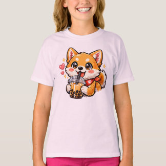 Söt Anime Shiba Inu Dricker Bubble Tea Kawaii T Shirt