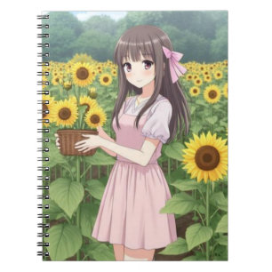 Söt Anime Tjej i Solros Trädgård Anteckningsbok