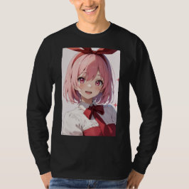 Söt Anime-Tjej-Illustration med Rosa Hår T Shirt