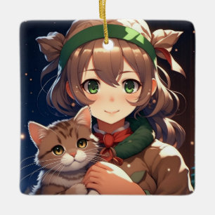 Söt Anime Tjej som Håller en Kattunge Jul Julgransprydnad Keramik