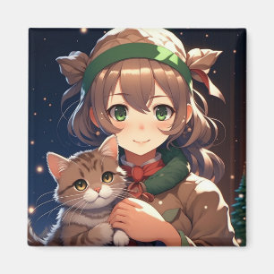 Söt Anime Tjej som Håller en Kattunge Jul Magnet