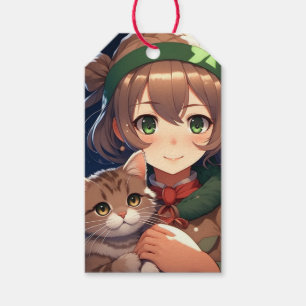Söt Anime Tjej som Håller en Kattunge Jul Presentetikett