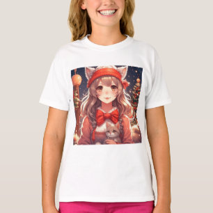 Söt Anime Tjej som Håller Kattunge Jul T Shirt