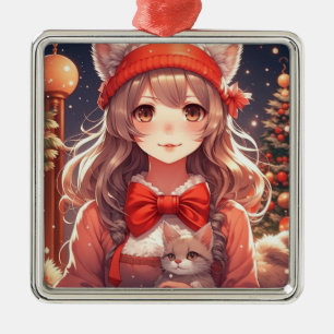 Söt Anime Tjej som Håller Kullunge Jul Julgransprydnad Metall
