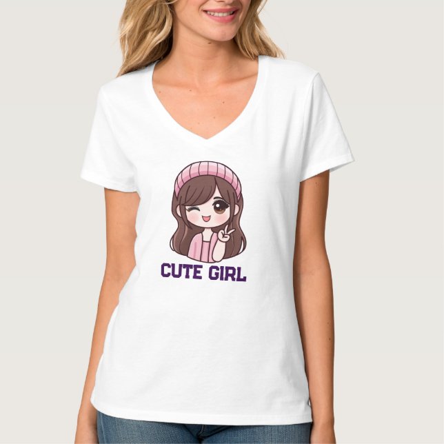 Söt Anime Tjej T-Shirt (Framsida)