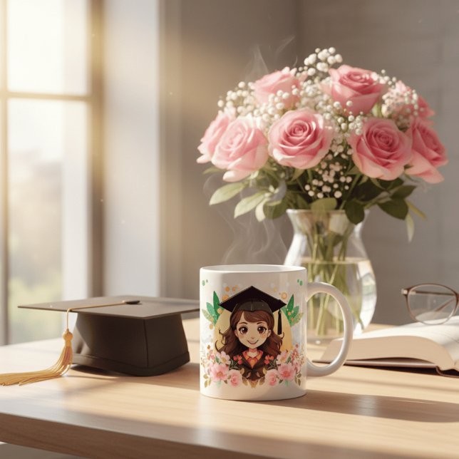 Söt Anime-utexaminerad flicka i blomster vattenfär Kaffemugg (Skapare uppladdad)