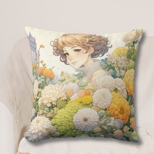 Söt animeflicka i gula och vita blommor kudde