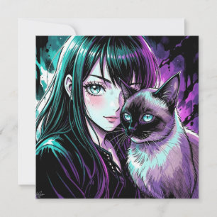 Söt Animeflicka och siamesisk katt