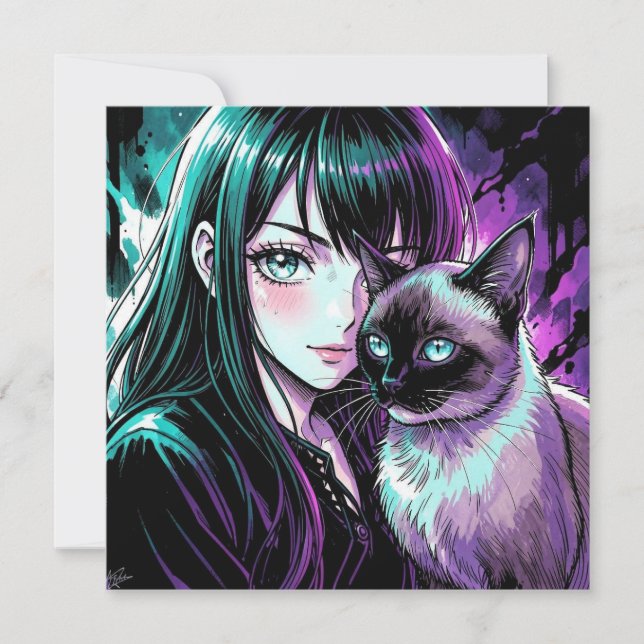 Söt Animeflicka och siamesisk katt (Framsida)