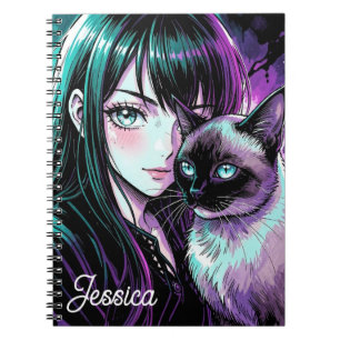 Söt Animeflicka och siamesisk katt Anteckningsbok