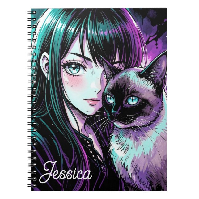 Söt Animeflicka och siamesisk katt Anteckningsbok (Framsidan)
