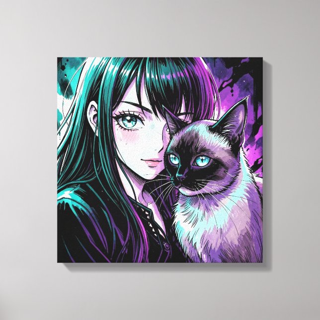 Söt Animeflicka och siamesisk katt Canvastryck (Framsida)