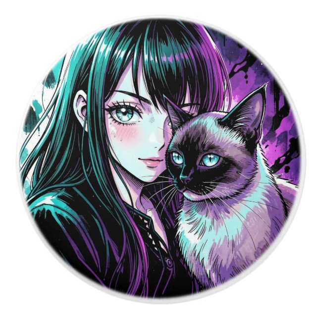Söt Animeflicka och siamesisk katt Knopp (Framsidan)