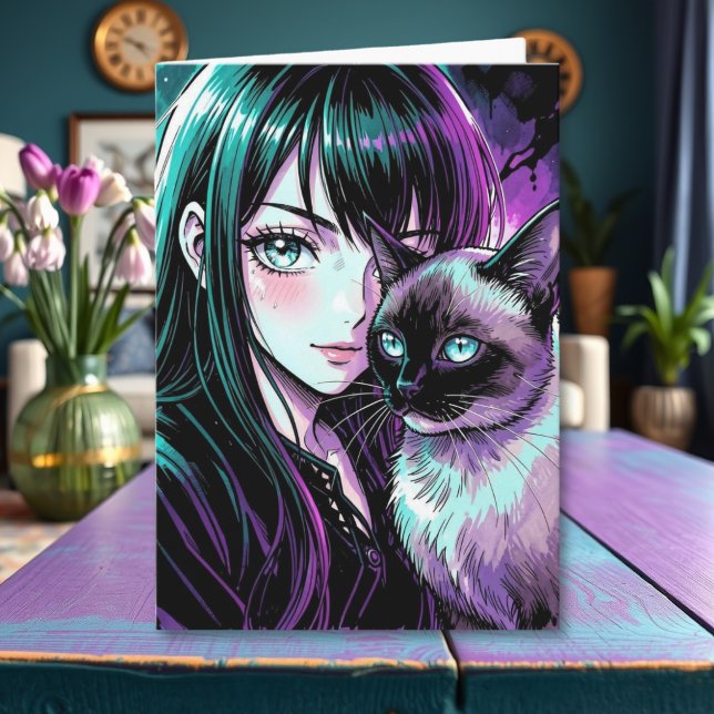 Söt Animeflicka och siamesisk katt Kort (Skapare uppladdad)