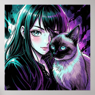 Söt Animeflicka och siamesisk katt Poster