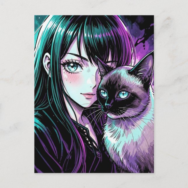 Söt Animeflicka och siamesisk katt Vykort (Framsida)