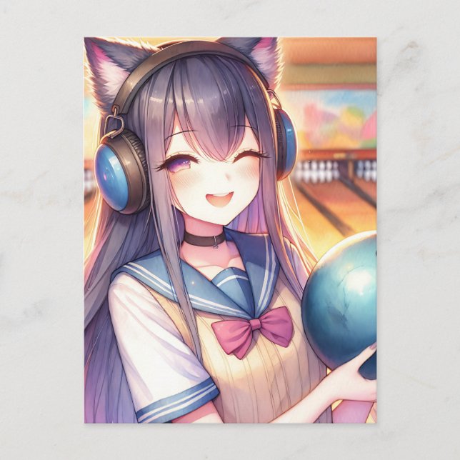 Söt animeflicka på bowling-födelsedagsfest vykort (Framsida)