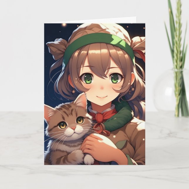 Söt Animeflicka som håller en kattunge jul Kort (Framsida)