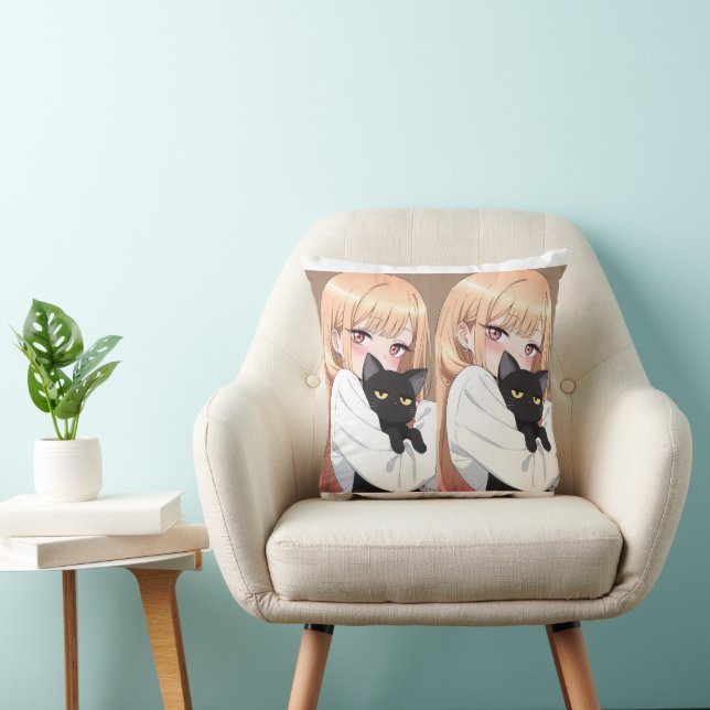Söt Animeflicka som kramar svart katt Presentation Kudde (Stol)