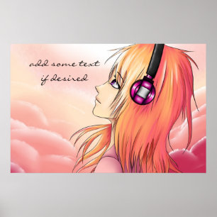 Söt animerad flicka som lyssnar på musik poster