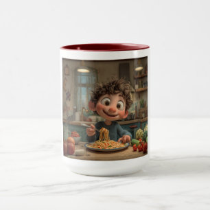 Söt animerad pojke som äter Spaghetti Pasta Kaffe Mugg