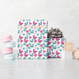 Söt anka Blommönster Kawaii Rosa Blåa Ankor Presentpapper
