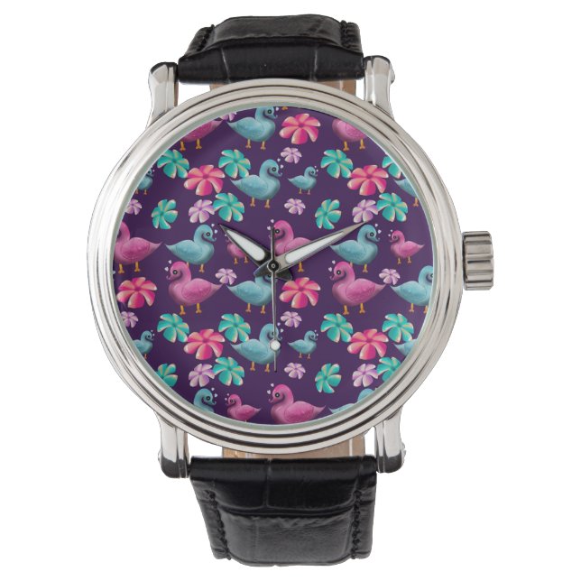 Söt anka Blommönster Kawaii Rosa Blåa Ankors  Armbandsur (Framsida)