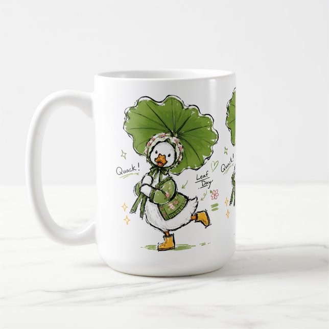 Söt anka med lövparaply och blomsterkrans  kaffemugg (Vänster)